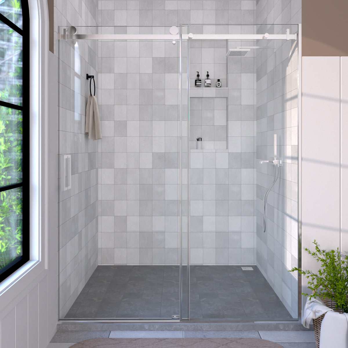 Eletta 60 in. W x 76 in. H Sliding Semi-Frameless Shower Door in Matte Black Finish with Clear Glass Chrome HB7151C-7660SV-1