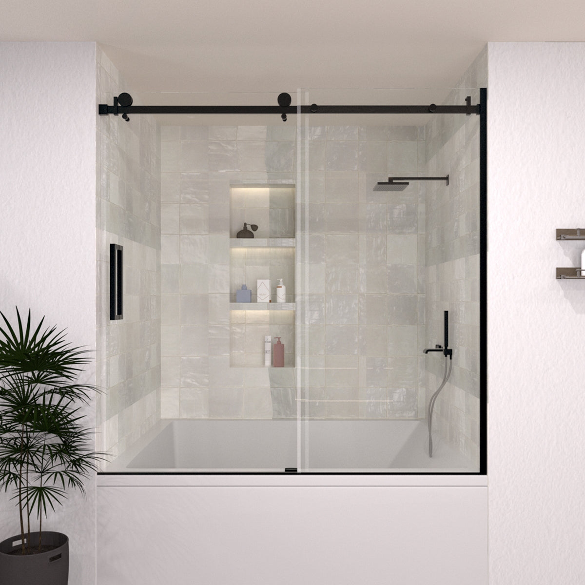 Oceanique 60 in. W x 60 in. H Sliding Semi-Frameless Tub Door in Matte Black Finish with Clear Glass
