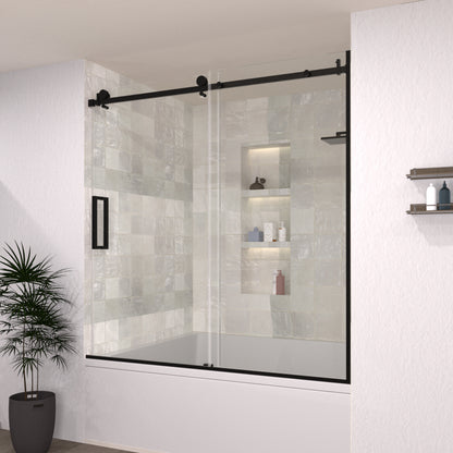 Eletta 60 in. W x 60 in. H Sliding Semi-Frameless Tub Door in Matte Black Finish with Clear Glass HB7151D-6060MB-2_9c1b1e8a-137e-47a6-bef4-7d8376549e7e