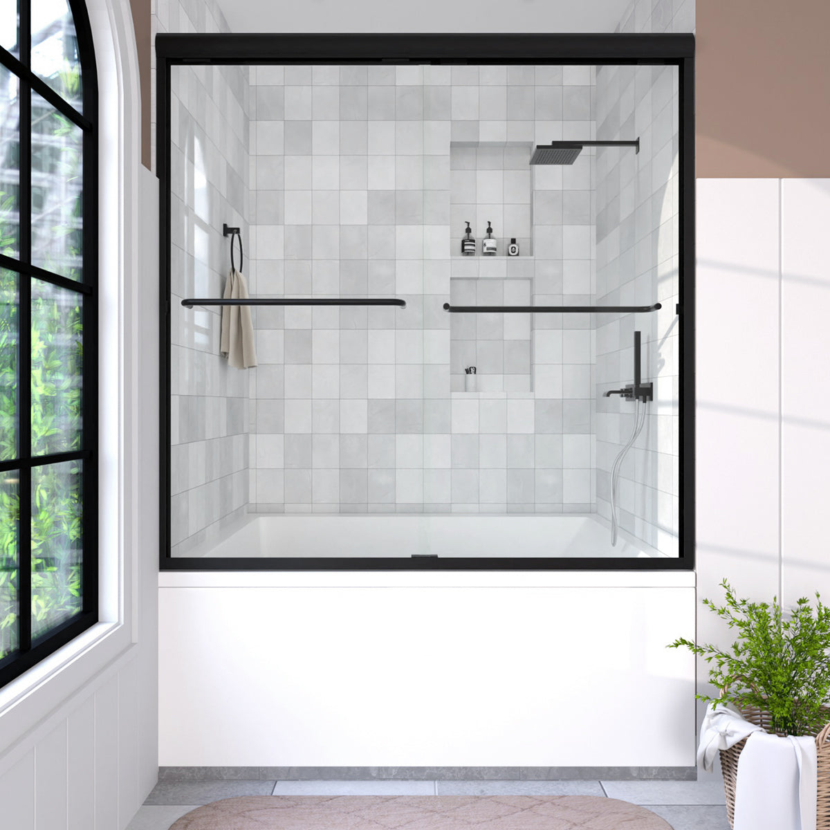 Nesso 60 in. W x 60 in. H Sliding Semi Frameless Tub Door in Chrome Finish with Clear Glass Matte Black HB97-5660MB-1_c746ee3a-4316-4740-9e24-bb95769a0b13