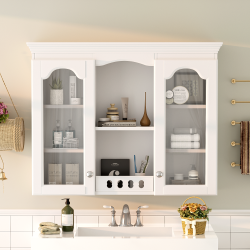 Savannah 35 in. W x 28 in. H Rectangular Wall Mounted Medicine Cabinet with 2 Glass Doors and Open Storage in White