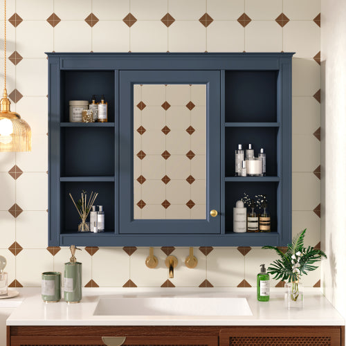 35'' x 28'' Wall Mounted Cabinet MDF Bathroom Storage Cabinet with Mirror with 6 Open Shelves