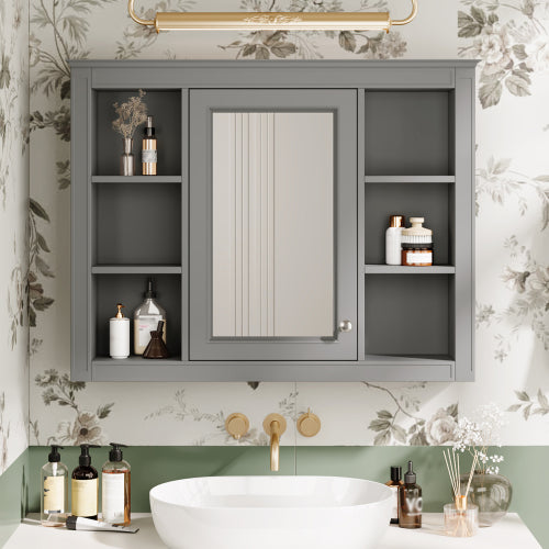 35'' x 28'' Wall Mounted Cabinet MDF Bathroom Storage Cabinet with Mirror with 6 Open Shelves