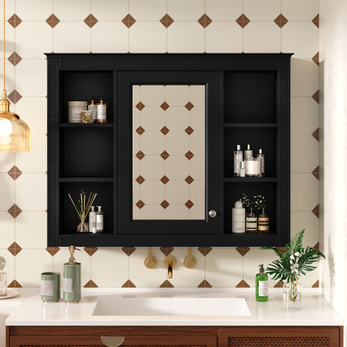 35'' x 28'' Wall Mounted Cabinet MDF Bathroom Storage Cabinet with Mirror with 6 Open Shelves