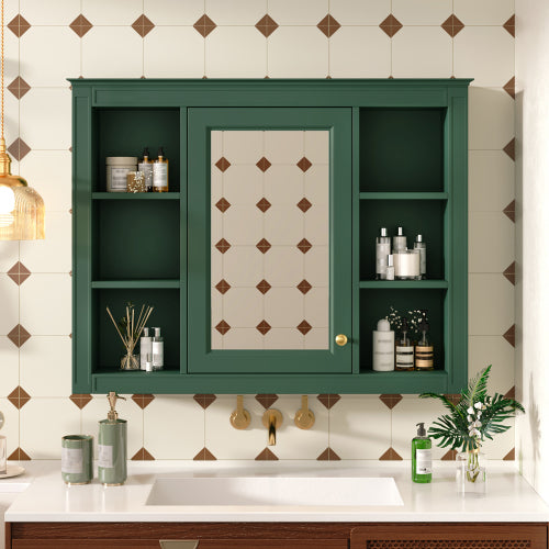 35'' x 28'' Wall Mounted Cabinet MDF Bathroom Storage Cabinet with Mirror with 6 Open Shelves