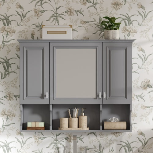 35'' x 28'' Wall Mounted Bathroom MDF Medicine Cabinet with Mirror 3 Doors with Open Shelves
