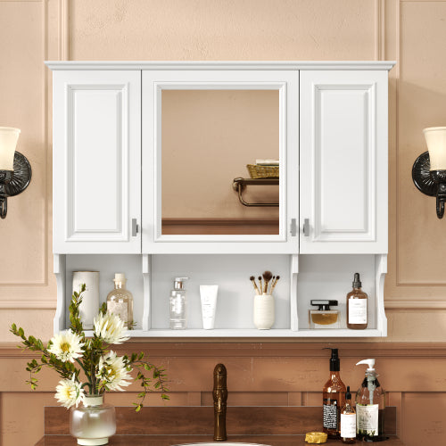 35'' x 28'' Wall Mounted Bathroom MDF Medicine Cabinet with Mirror 3 Doors with Open Shelves