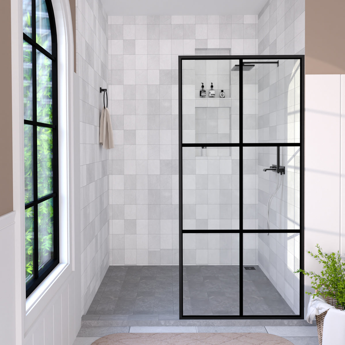 Hilma 34 in. W x 72 in. H Fixed Framed Shower Door in Matte Black Finish with Clear Glass Grid Pattern HBSS1010A-3472MB-1_3e10ea1f-90f4-4e83-b27a-5353f0d92cc8