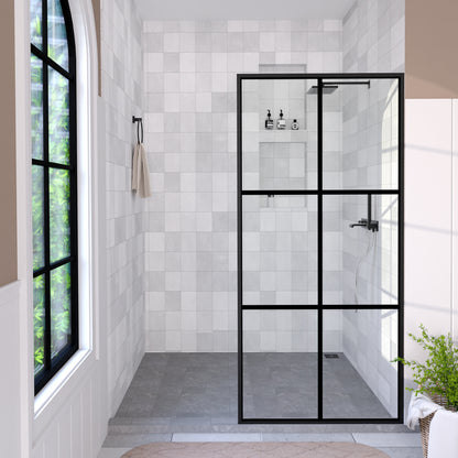 Hilma 34 in. W x 72 in. H Fixed Framed Shower Door in Matte Black Finish with Clear Glass Grid Pattern HBSS1010A-3472MB-1_3e10ea1f-90f4-4e83-b27a-5353f0d92cc8
