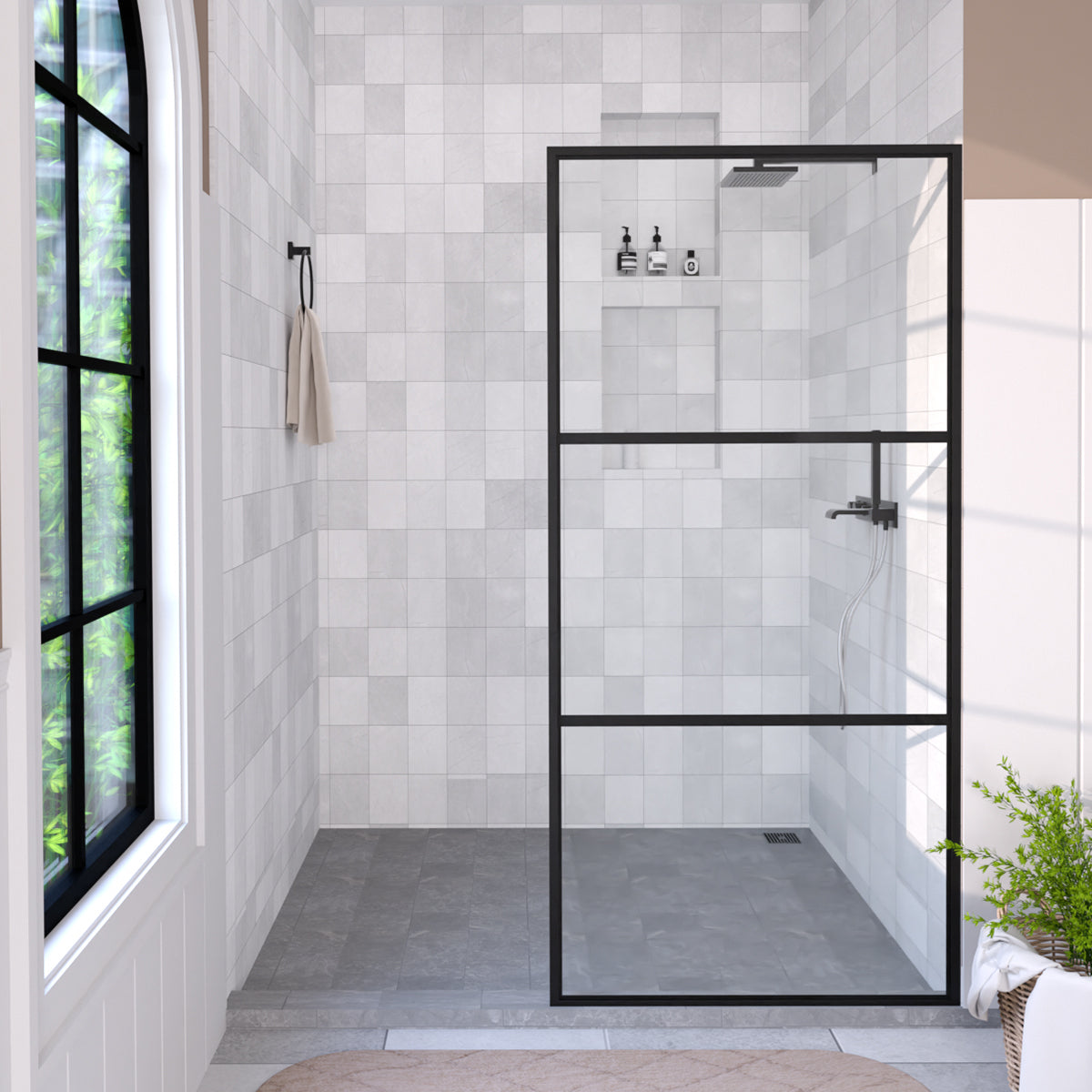 Hilma 34 in. W x 72 in. H Fixed Framed Shower Door in Matte Black Finish with Clear Glass