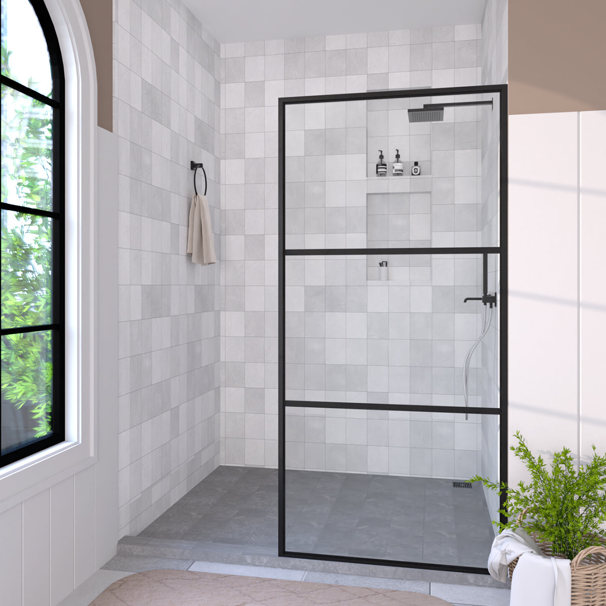 Hilma 34 in. W x 72 in. H Fixed Framed Shower Door in Matte Black Finish with Clear Glass HBSS1010B-3472MB-2