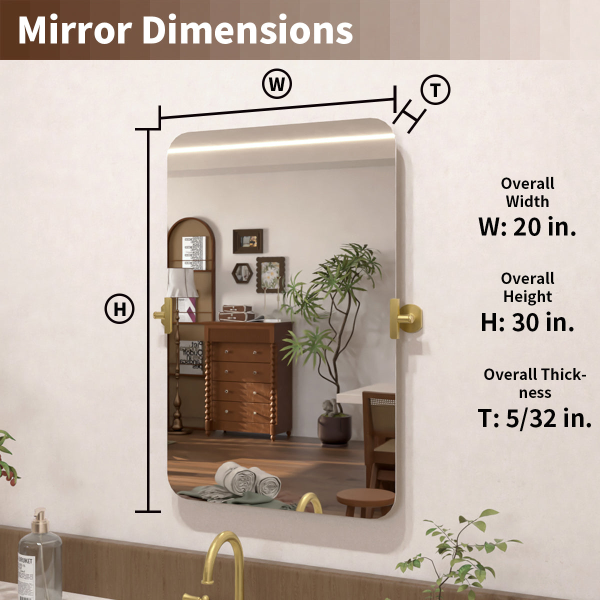 Angulus 20 in. W x 30 in. H Rectangular Frameless Tilt Wall Mount Bathroom Vanity Mirror KH2030-GD-03