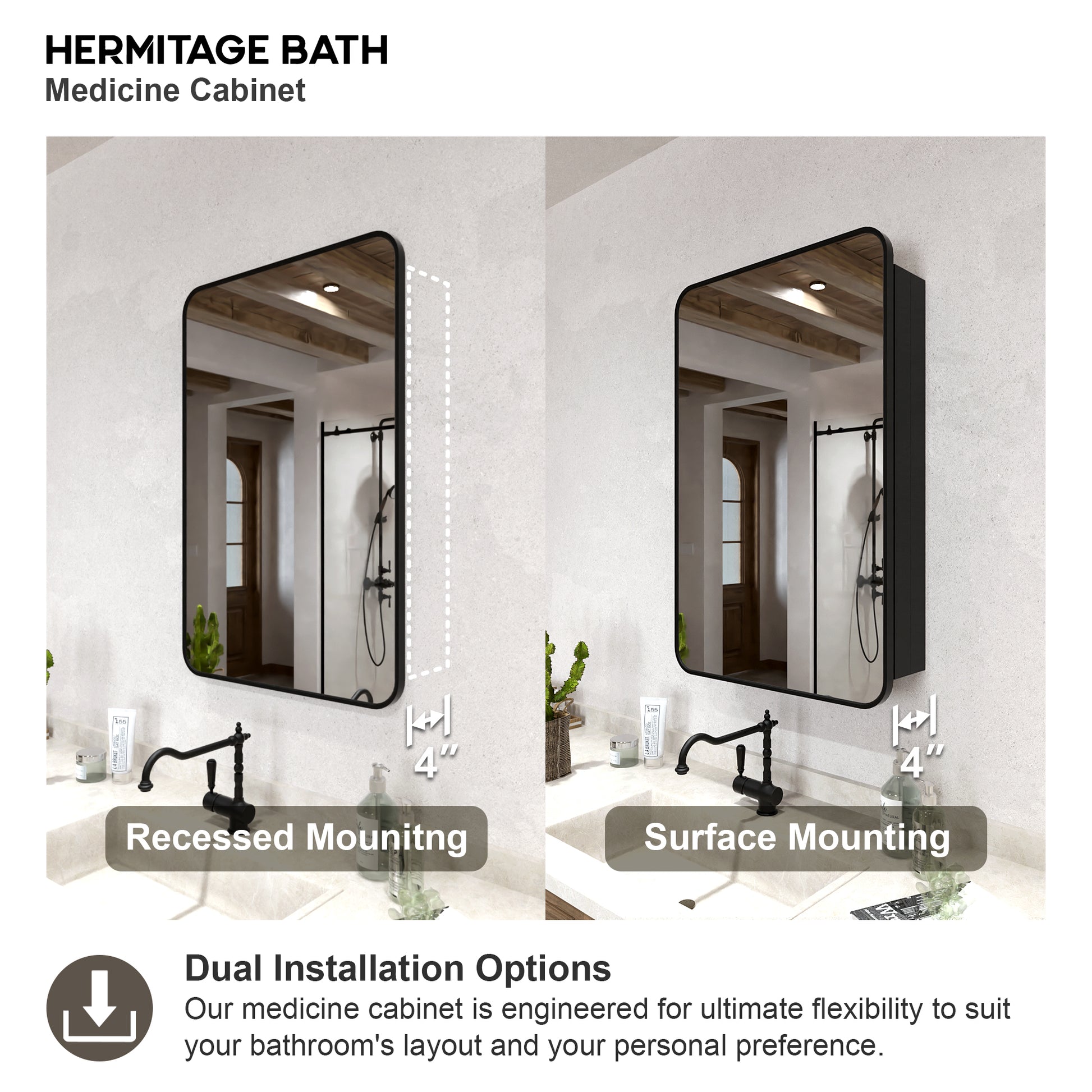 Rectangular Framed Recessed/Surface Mount Medicine Cabinet with Mirror in Matte Black MB-11_88cb0248-5c99-4851-961b-b285179762dc