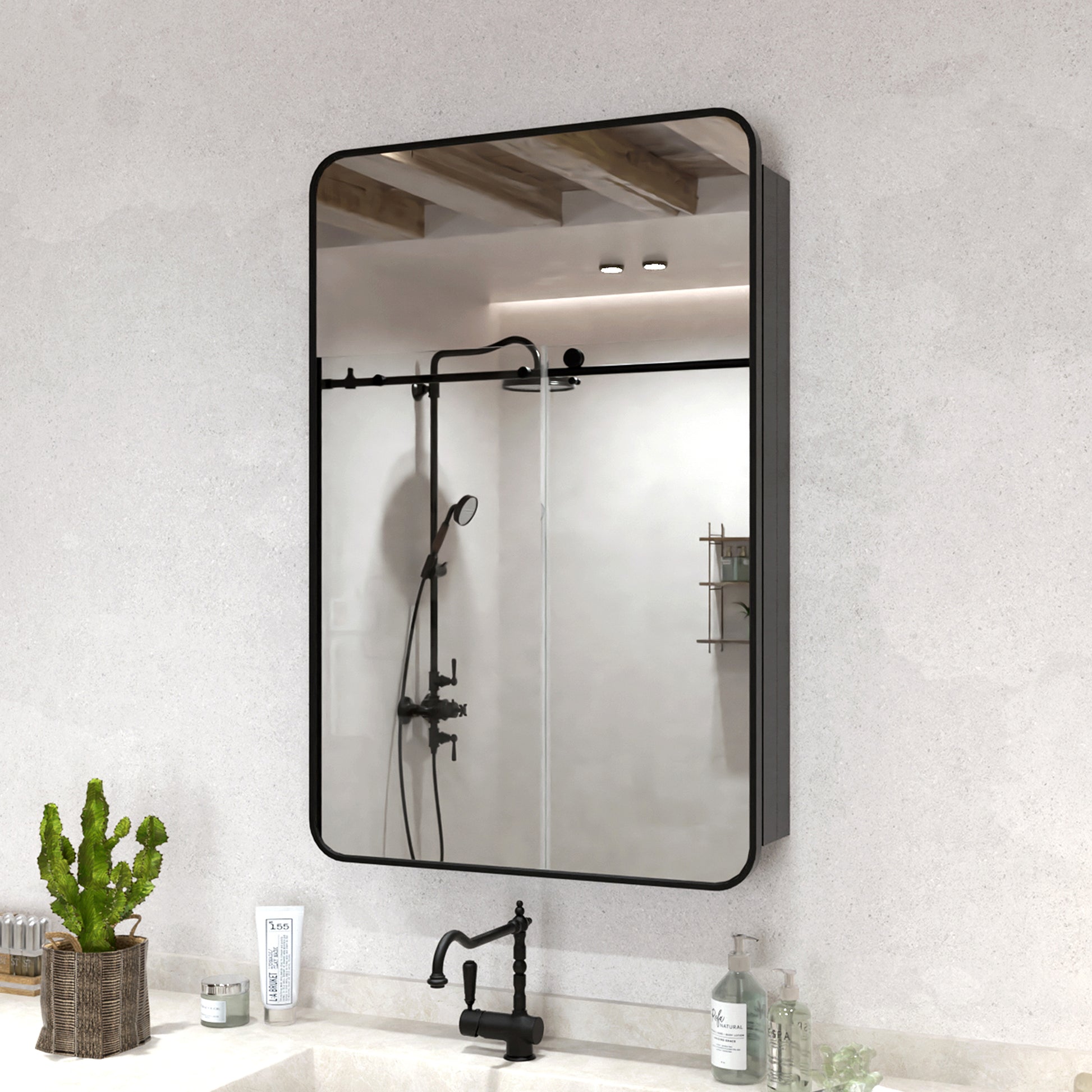 Rectangular Framed Recessed/Surface Mount Medicine Cabinet with Mirror in Matte Black MB-1_108091ff-d706-4f00-a8a2-32ee9d21fd28