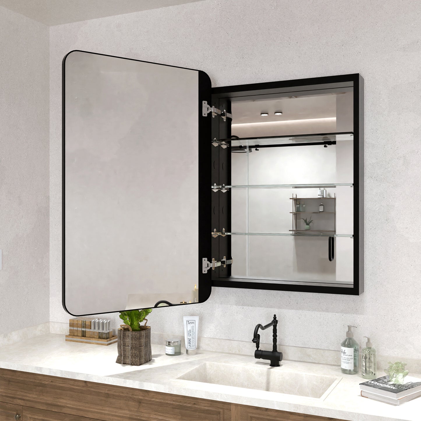 Rectangular Framed Recessed/Surface Mount Medicine Cabinet with Mirror in Matte Black 23x30 MB-2_a9b81951-32ee-4599-a101-0b6ad211c615