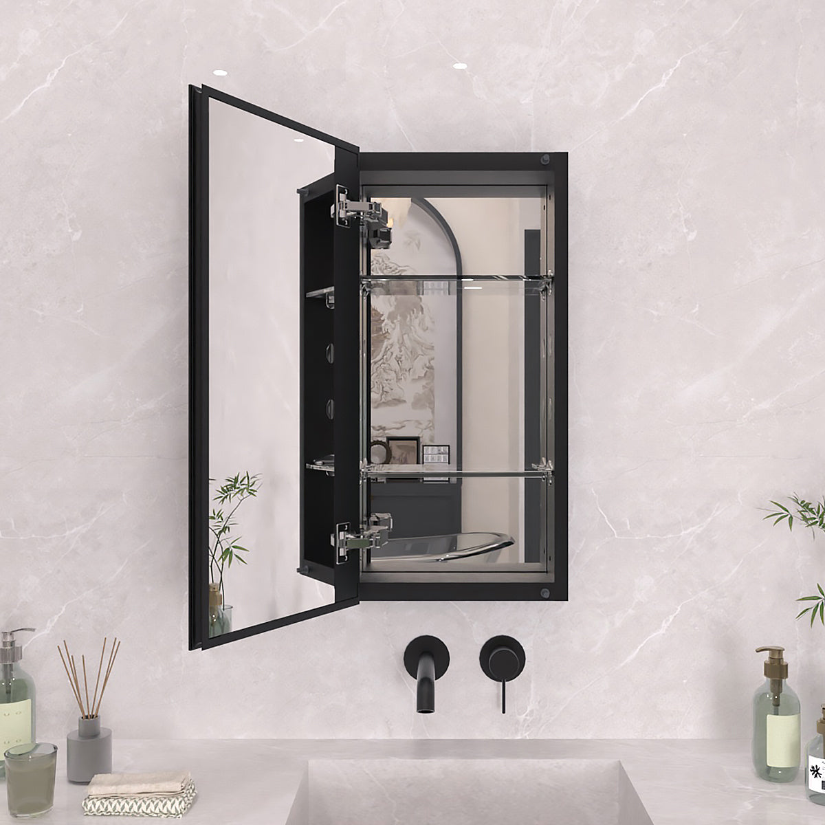 TaiMei 12 in. x 24 in. Frameless Recessed or Surface-Mount Beveled Single Mirror Bathroom Medicine Cabinet Matte Black MCA1224-BL-01