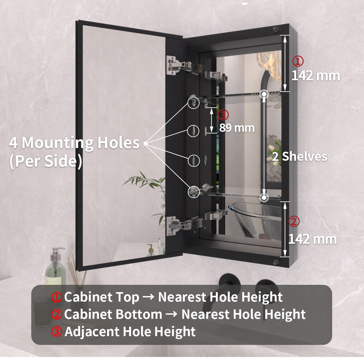 TaiMei 12 in. x 24 in. Frameless Recessed or Surface-Mount Beveled Single Mirror Bathroom Medicine Cabinet MCA1224-BL-04