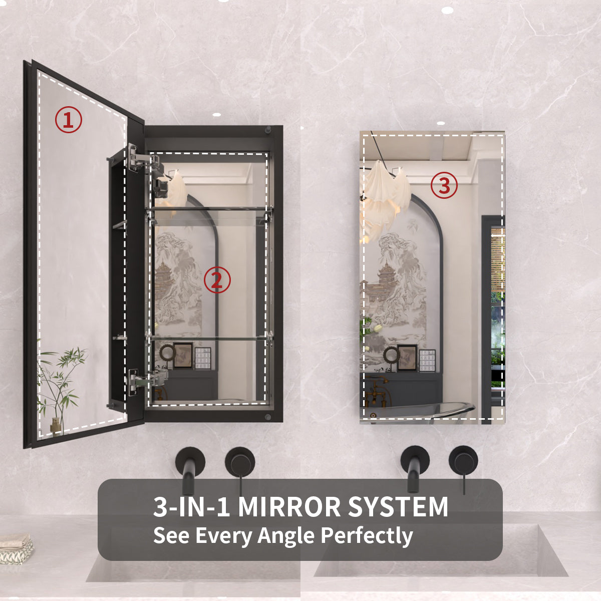 TaiMei 12 in. x 24 in. Frameless Recessed or Surface-Mount Beveled Single Mirror Bathroom Medicine Cabinet MCA1224-BL-06