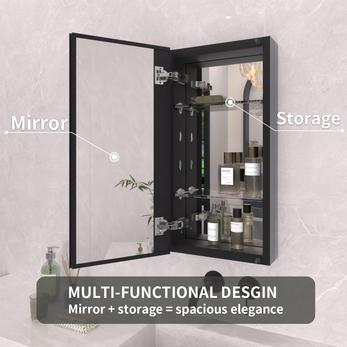 TaiMei 12 in. x 24 in. Frameless Recessed or Surface-Mount Beveled Single Mirror Bathroom Medicine Cabinet MCA1224-BL-08