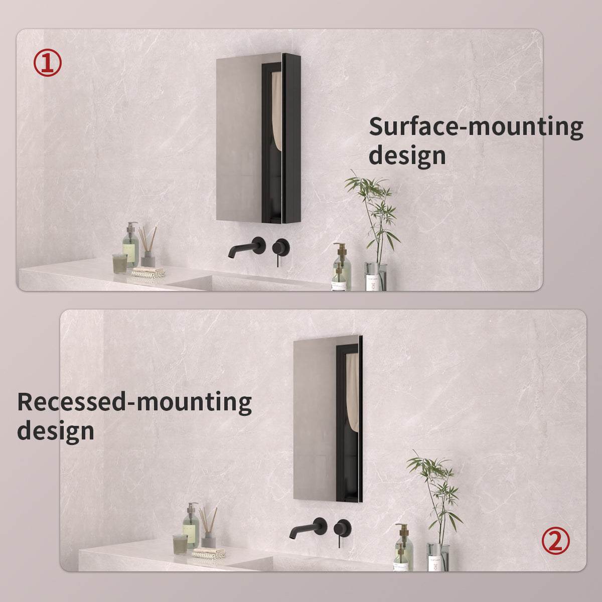 TaiMei 12 in. x 24 in. Frameless Recessed or Surface-Mount Beveled Single Mirror Bathroom Medicine Cabinet MCA1224-BL-09