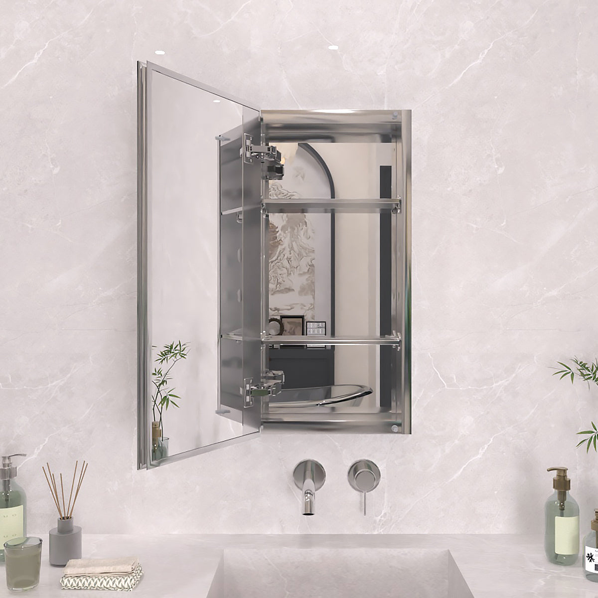 TaiMei 12 in. x 24 in. Frameless Recessed or Surface-Mount Beveled Single Mirror Bathroom Medicine Cabinet Silver MCA1224-CR-01