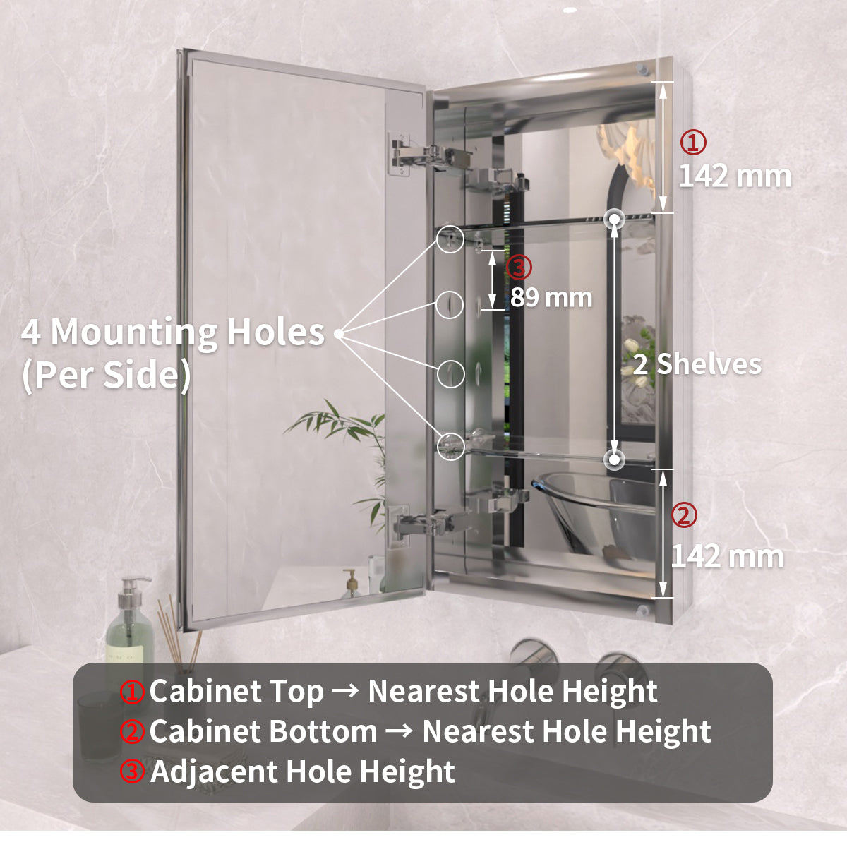 TaiMei 12 in. x 24 in. Frameless Recessed or Surface-Mount Beveled Single Mirror Bathroom Medicine Cabinet MCA1224-CR-04