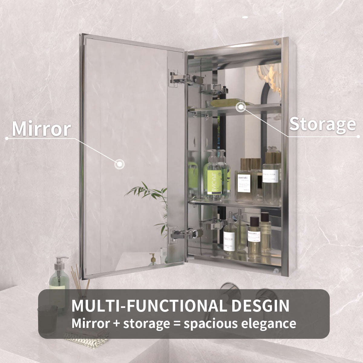 TaiMei 12 in. x 24 in. Frameless Recessed or Surface-Mount Beveled Single Mirror Bathroom Medicine Cabinet MCA1224-CR-08