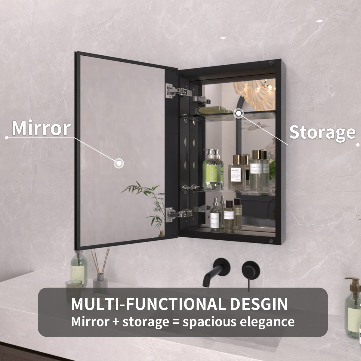 TaiMei 15 in. x 24 in. Frameless Recessed or Surface-Mount Beveled Single Mirror Bathroom Medicine Cabinet MCA1524-BL-08