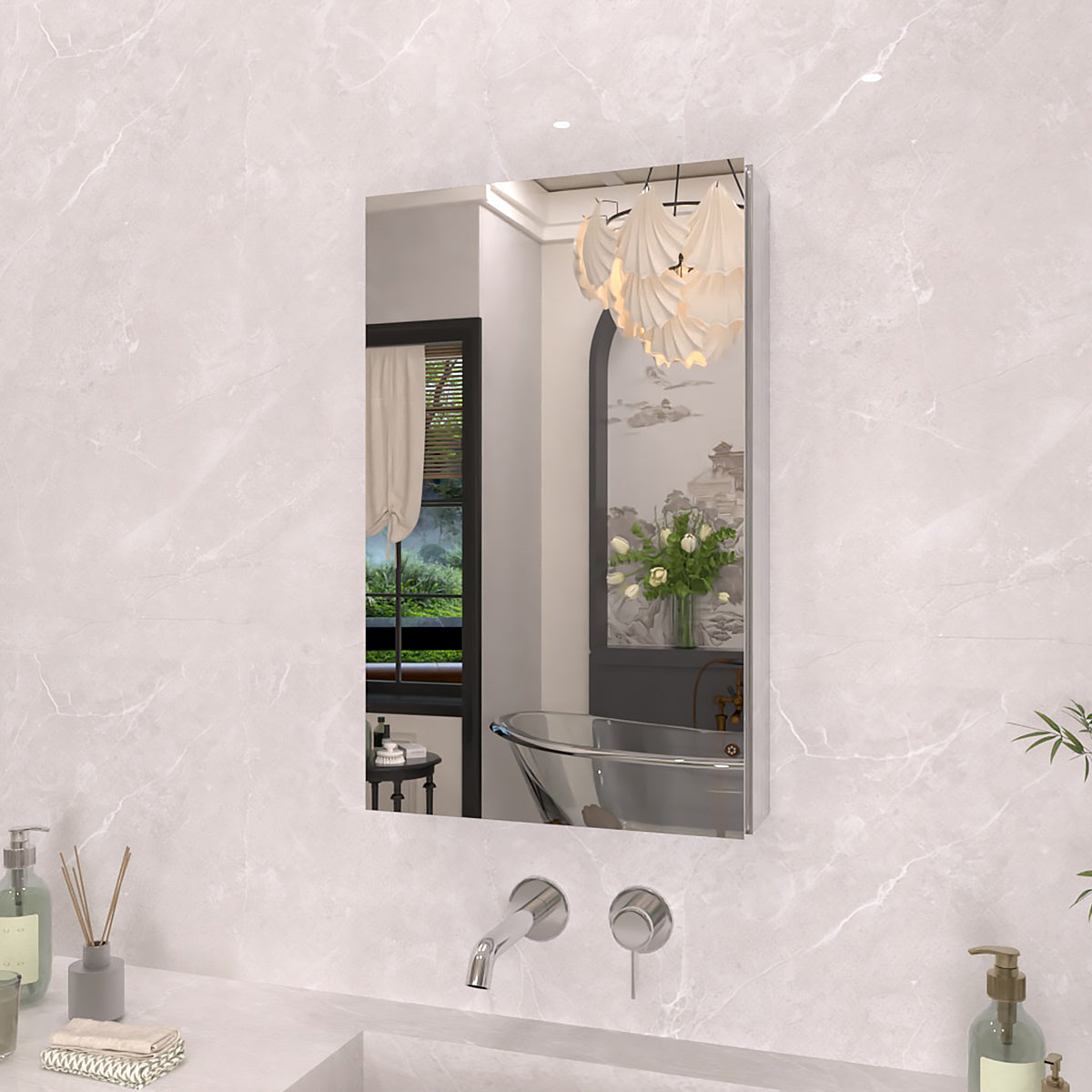 TaiMei 15 in. x 24 in. Frameless Recessed or Surface-Mount Beveled Single Mirror Bathroom Medicine Cabinet MCA1524-CR-02