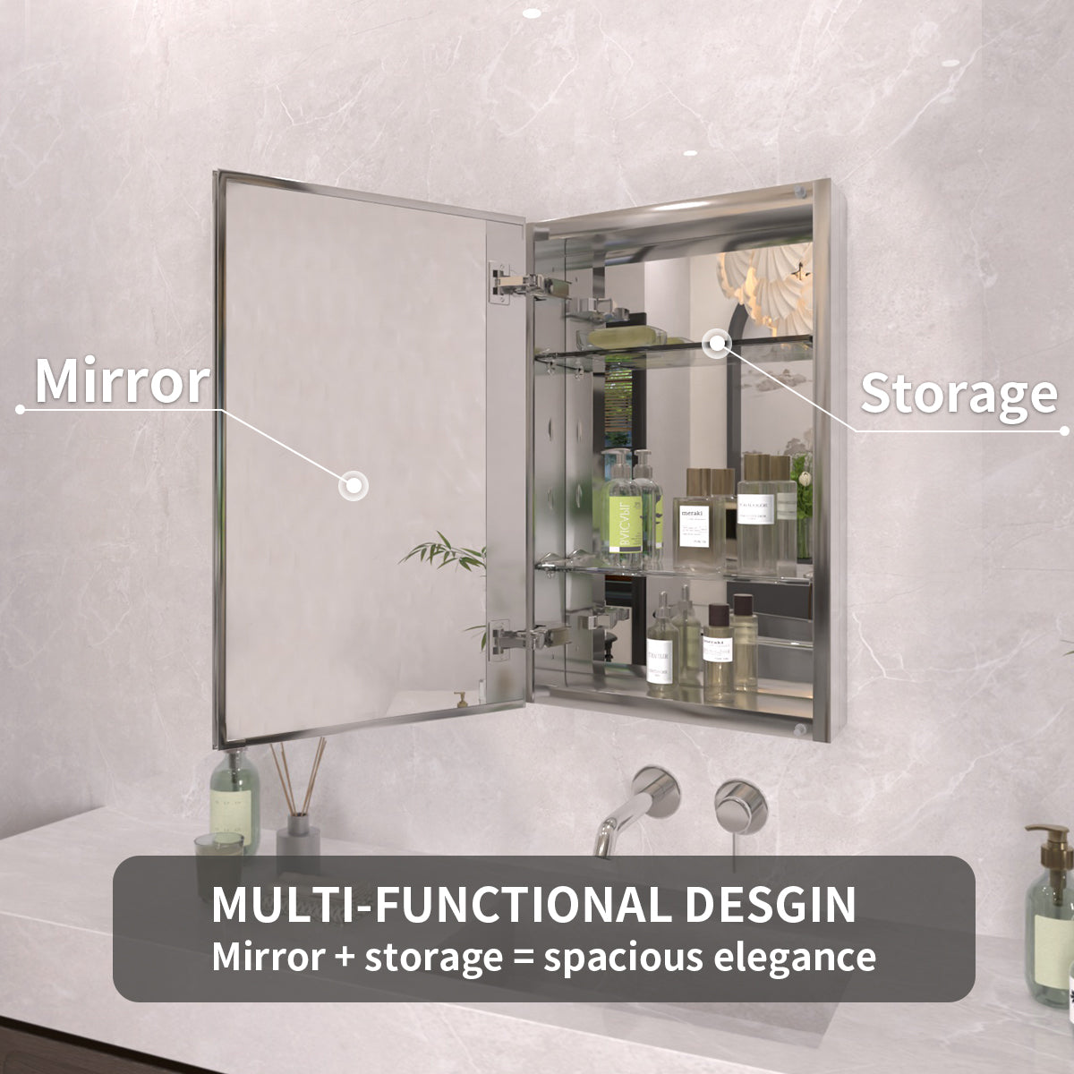 TaiMei 15 in. x 24 in. Frameless Recessed or Surface-Mount Beveled Single Mirror Bathroom Medicine Cabinet MCA1524-CR-08