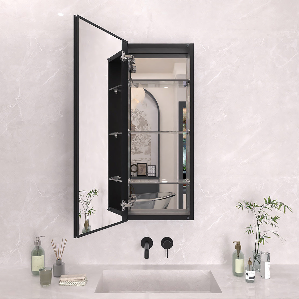 TaiMei 15 in. x 36 in. Frameless Recessed or Surface-Mount Beveled Single Mirror Bathroom Medicine Cabinet Matte Black MCA1536-BL-01_518e4f6e-2146-4d44-a5cf-ad6279349814