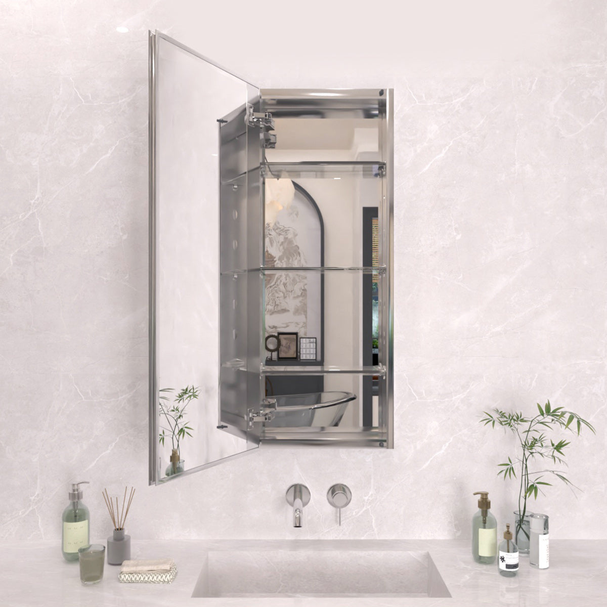 TaiMei 15 in. x 36 in. Frameless Recessed or Surface-Mount Beveled Single Mirror Bathroom Medicine Cabinet Silver MCA1536-CR-01