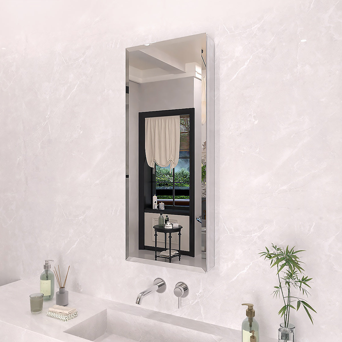 TaiMei 15 in. x 36 in. Frameless Recessed or Surface-Mount Beveled Single Mirror Bathroom Medicine Cabinet MCA1536-CR-02