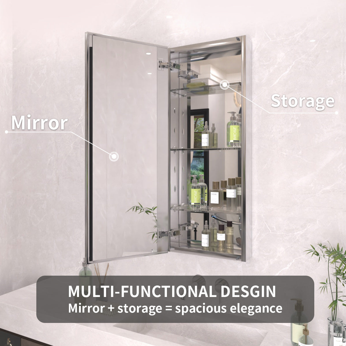TaiMei 15 in. x 36 in. Frameless Recessed or Surface-Mount Beveled Single Mirror Bathroom Medicine Cabinet MCA1536-CR-08