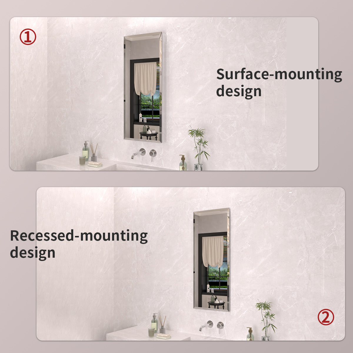TaiMei 15 in. x 36 in. Frameless Recessed or Surface-Mount Beveled Single Mirror Bathroom Medicine Cabinet MCA1536-CR-09