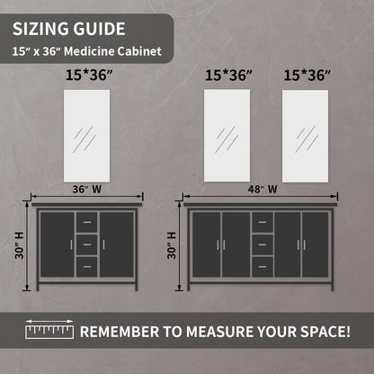 TaiMei 15 in. x 36 in. Frameless Recessed or Surface-Mount Beveled Single Mirror Bathroom Medicine Cabinet MCA1536-CR-15
