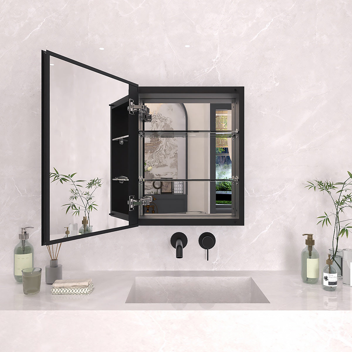 TaiMei 16 in. x 20 in. Frameless Recessed or Surface-Mount Beveled Single Mirror Bathroom Medicine Cabinet Matte Black MCA1620-BL-01