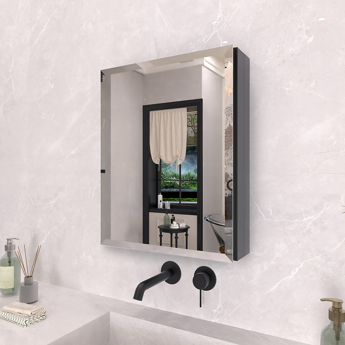 TaiMei 16 in. x 20 in. Frameless Recessed or Surface-Mount Beveled Single Mirror Bathroom Medicine Cabinet MCA1620-BL-02