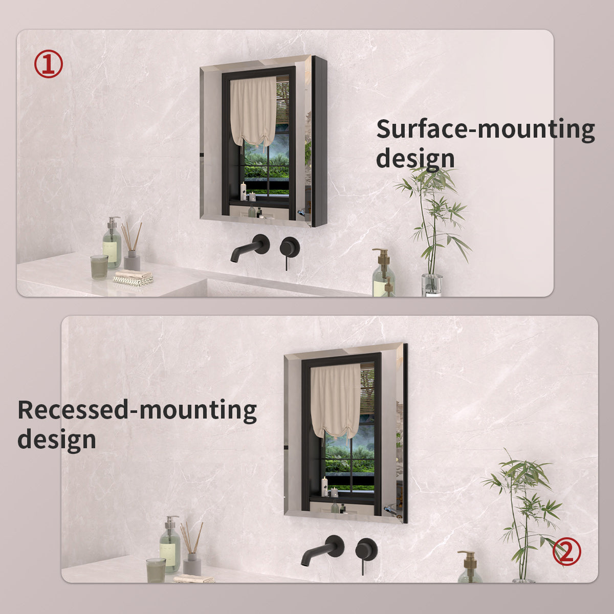 TaiMei 16 in. x 20 in. Frameless Recessed or Surface-Mount Beveled Single Mirror Bathroom Medicine Cabinet MCA1620-BL-09