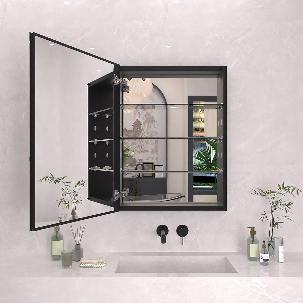 TaiMei 23 in. x 30 in. Frameless Recessed or Surface-Mount Beveled Single Mirror Bathroom Medicine Cabinet Matte Black MCA2330-BL-01