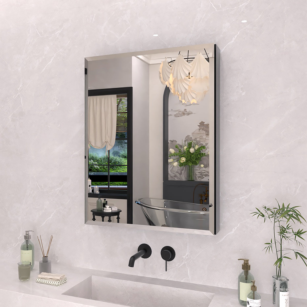 TaiMei 23 in. x 30 in. Frameless Recessed or Surface-Mount Beveled Single Mirror Bathroom Medicine Cabinet MCA2330-BL-02