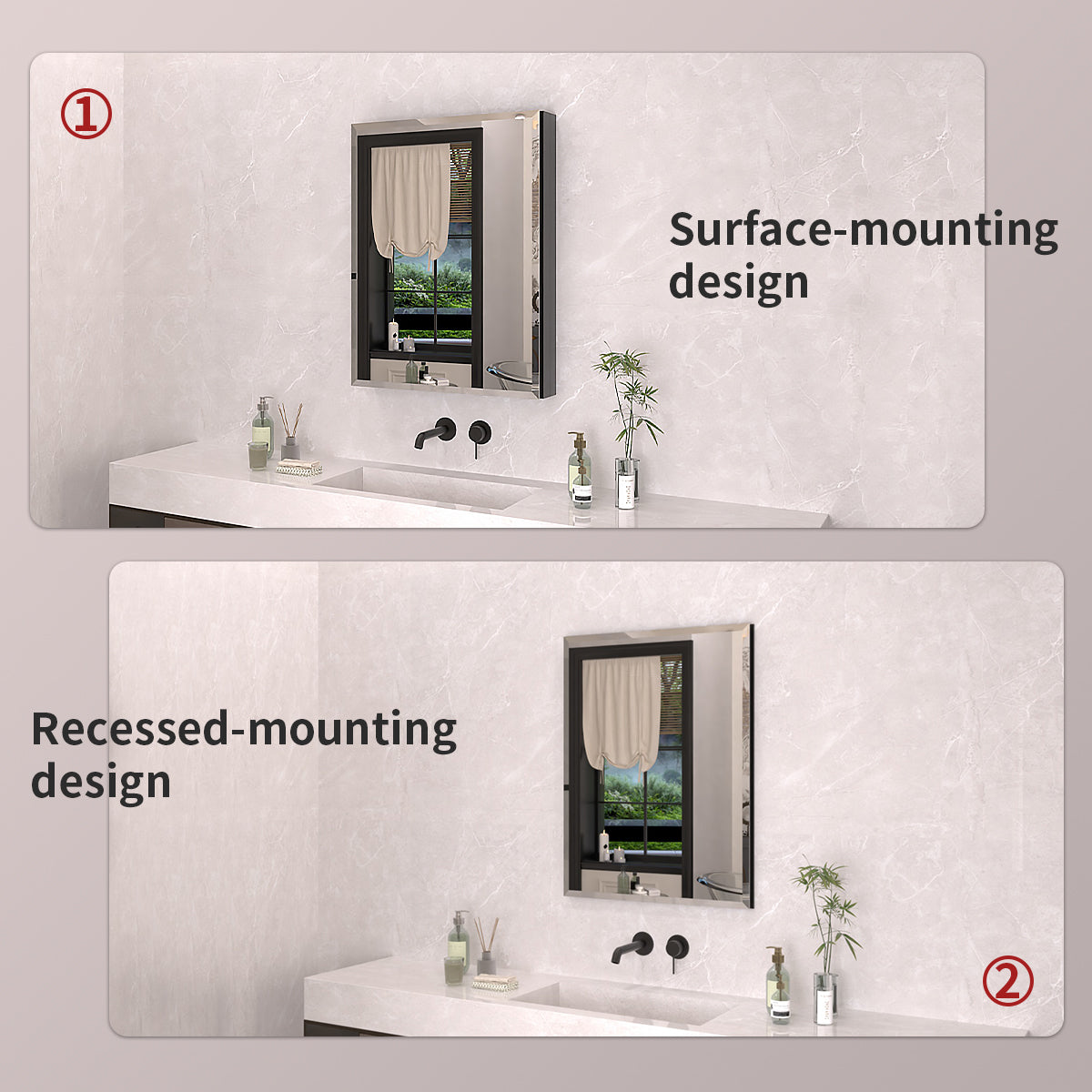 TaiMei 23 in. x 30 in. Frameless Recessed or Surface-Mount Beveled Single Mirror Bathroom Medicine Cabinet MCA2330-BL-09