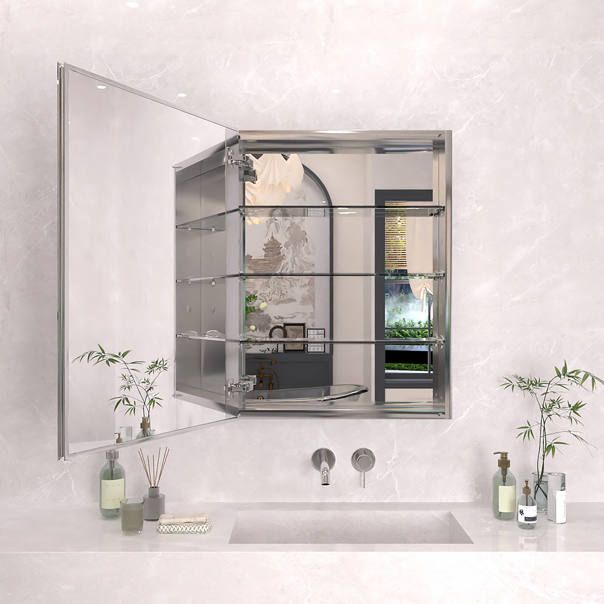 TaiMei 23 in. x 30 in. Frameless Recessed or Surface-Mount Beveled Single Mirror Bathroom Medicine Cabinet Silver MCA2330-CR-01