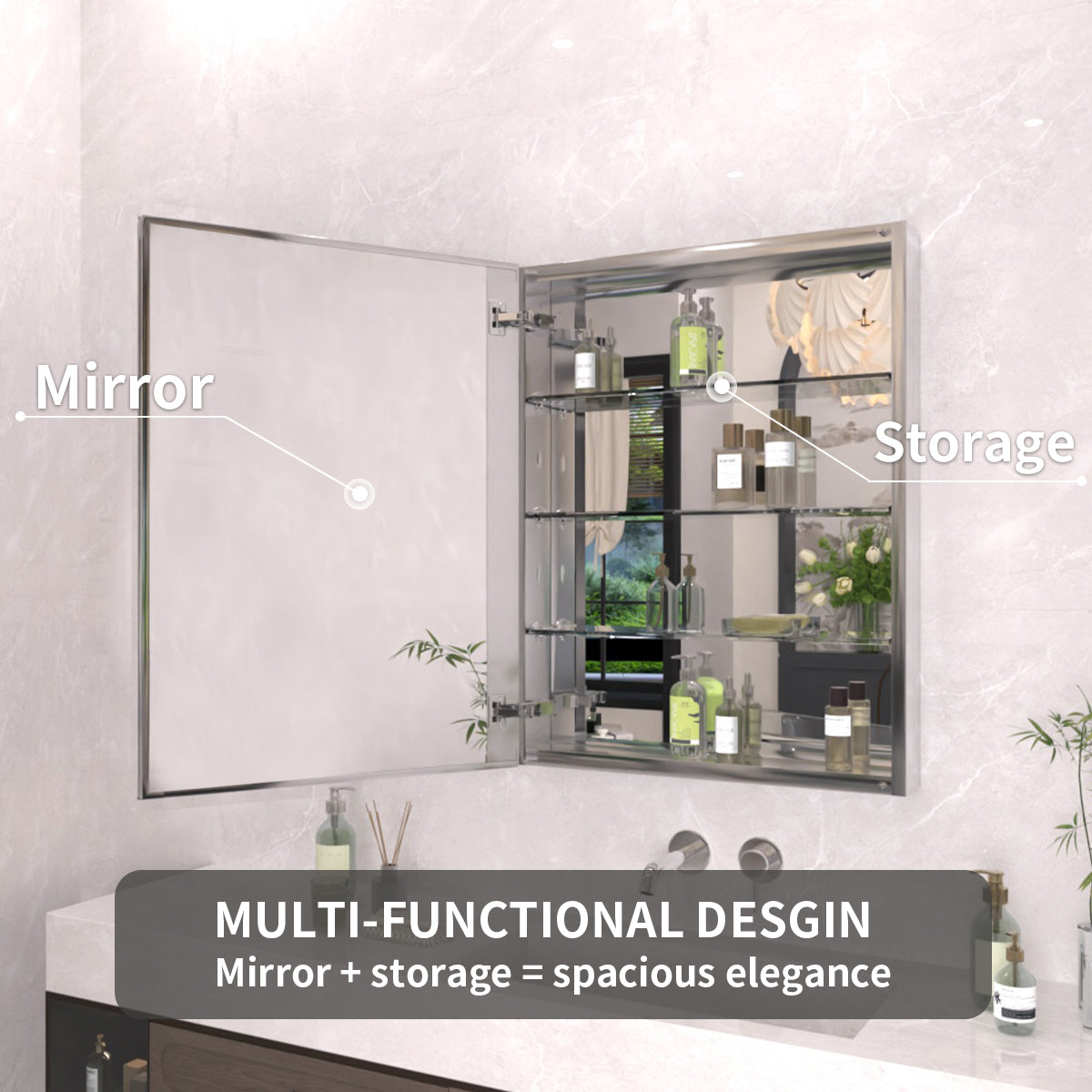 TaiMei 23 in. x 30 in. Frameless Recessed or Surface-Mount Beveled Single Mirror Bathroom Medicine Cabinet MCA2330-CR-08
