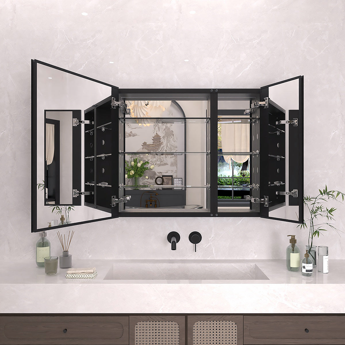 TaiMei 30 in. x 26 in. Frameless Recessed or Surface-Mount Beveled Double Mirror Bathroom Medicine Cabinet Matte Black MCA3026-BL-01