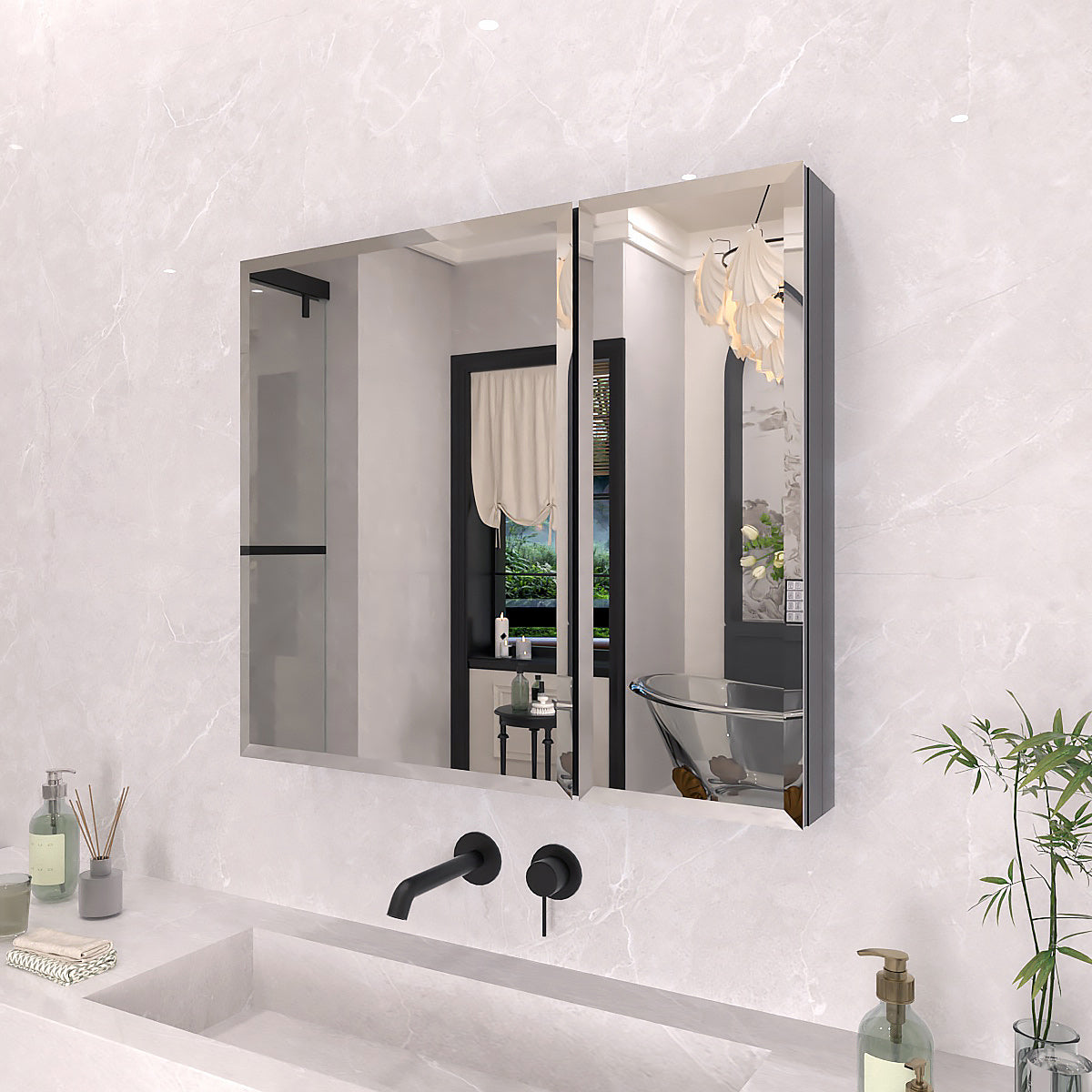TaiMei 30 in. x 26 in. Frameless Recessed or Surface-Mount Beveled Double Mirror Bathroom Medicine Cabinet MCA3026-BL-02
