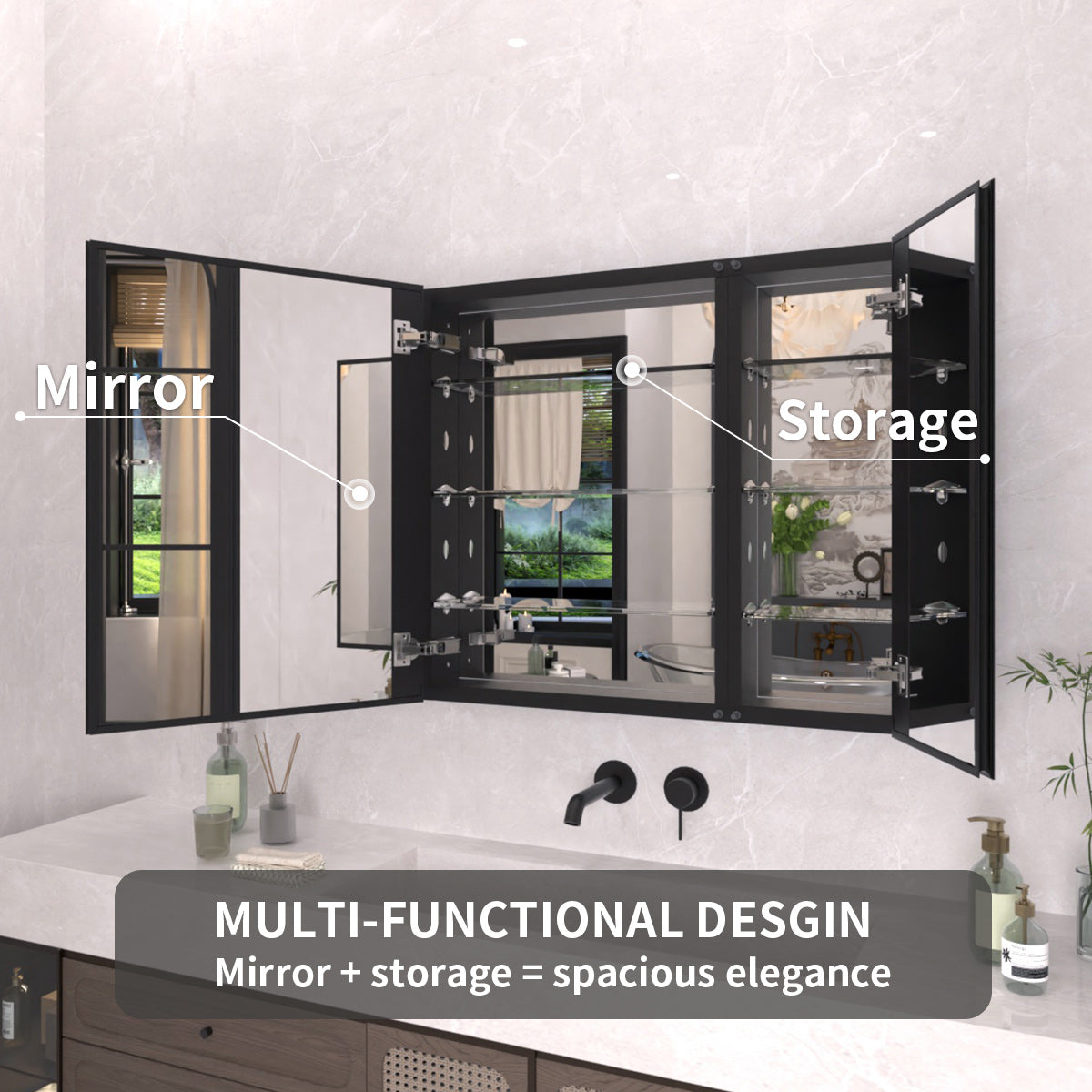 TaiMei 30 in. x 26 in. Frameless Recessed or Surface-Mount Beveled Double Mirror Bathroom Medicine Cabinet MCA3026-BL-08