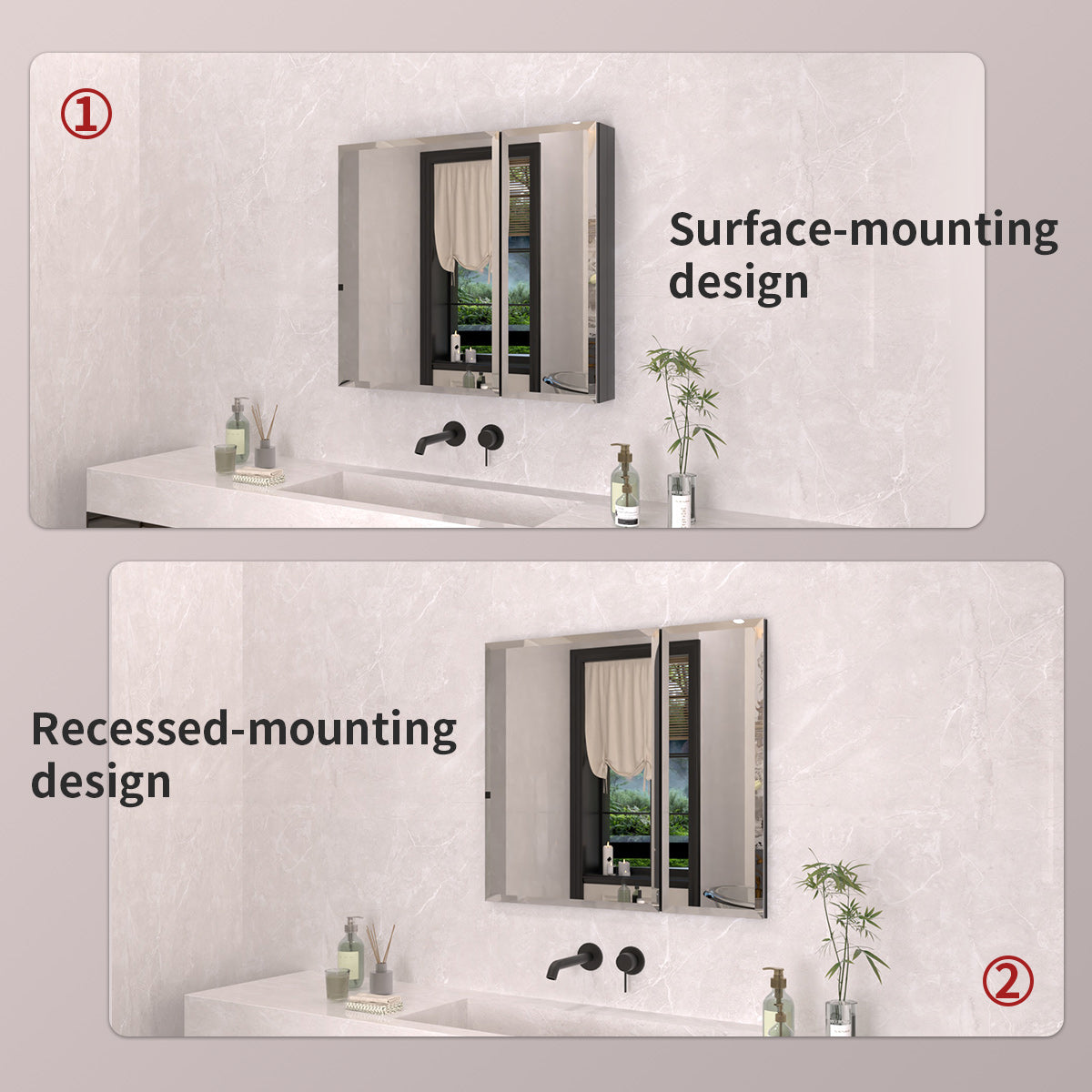TaiMei 30 in. x 26 in. Frameless Recessed or Surface-Mount Beveled Double Mirror Bathroom Medicine Cabinet MCA3026-BL-09