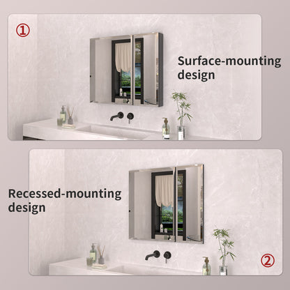TaiMei 30 in. x 26 in. Frameless Recessed or Surface-Mount Beveled Double Mirror Bathroom Medicine Cabinet MCA3026-BL-09
