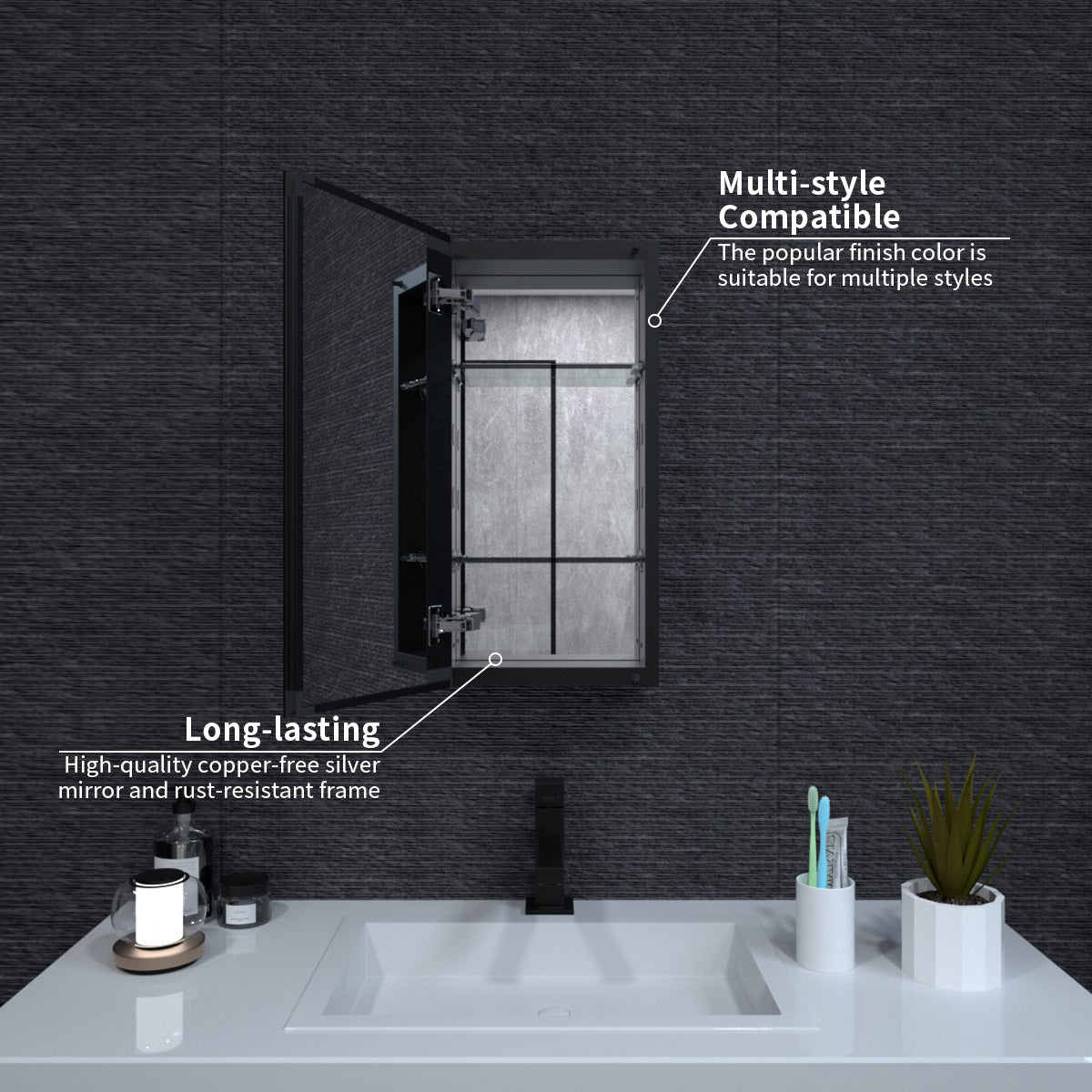 Niveal LUMCA Series Rectangular Aluminum Recessed/Surface Mount Medicine Cabinet with Mirror MMC-1224MB5